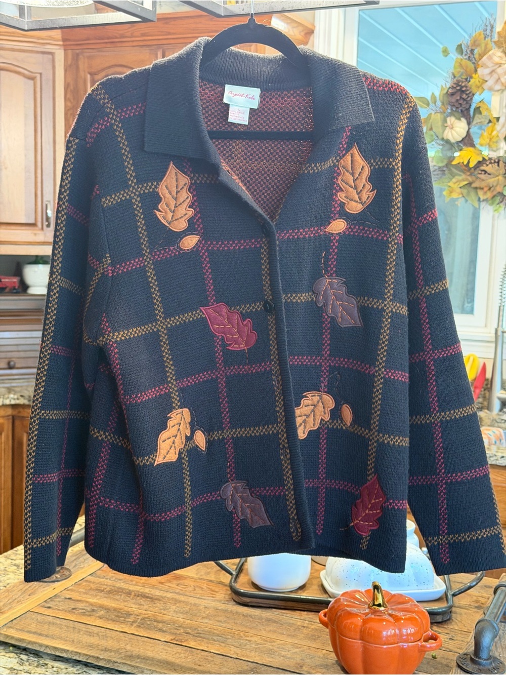 Elegant Black Plaid Knit Cardigan with Autumn Leaf Appliqués